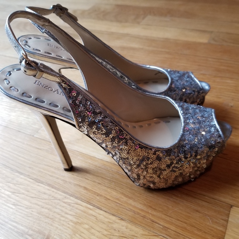 Enzo Angiolini Silver Open Toe Heels Size …